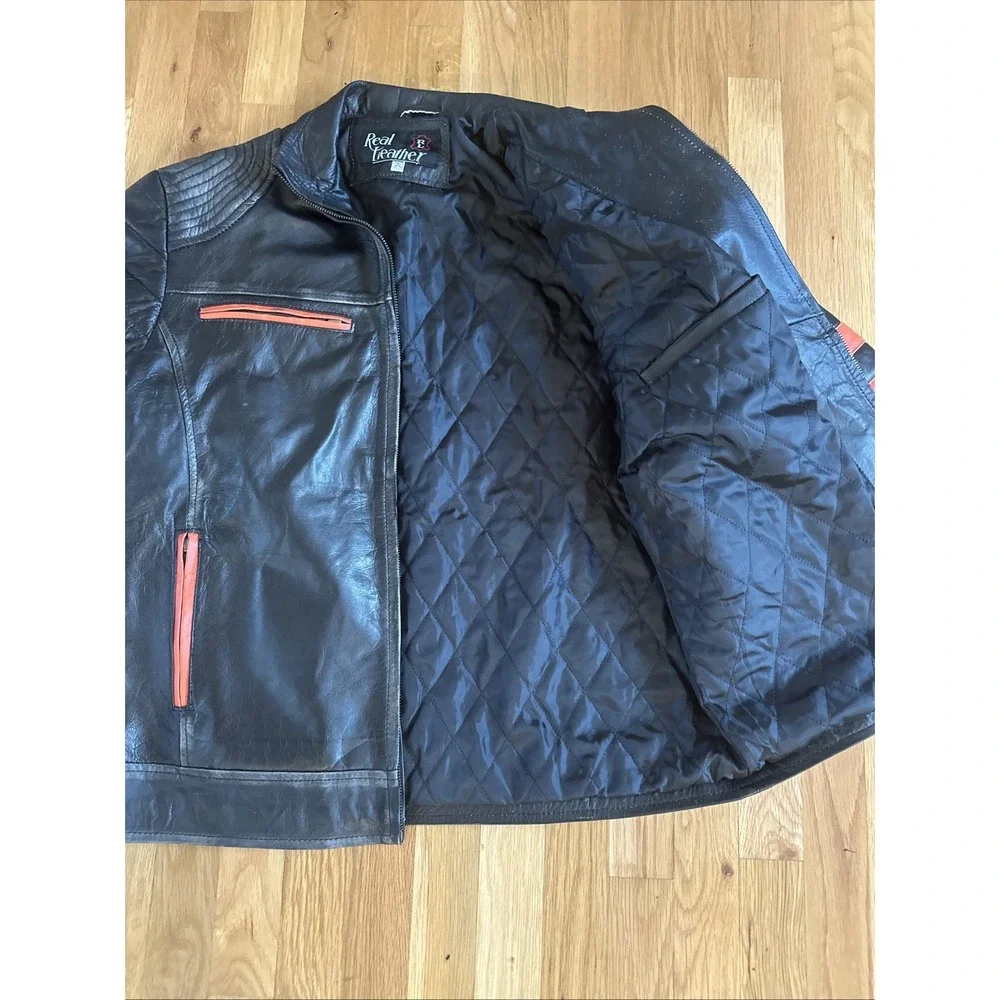 Men's Black Leather Biker Jacket Orange Stripe Vintage Retro Café Racer Coat 2XL